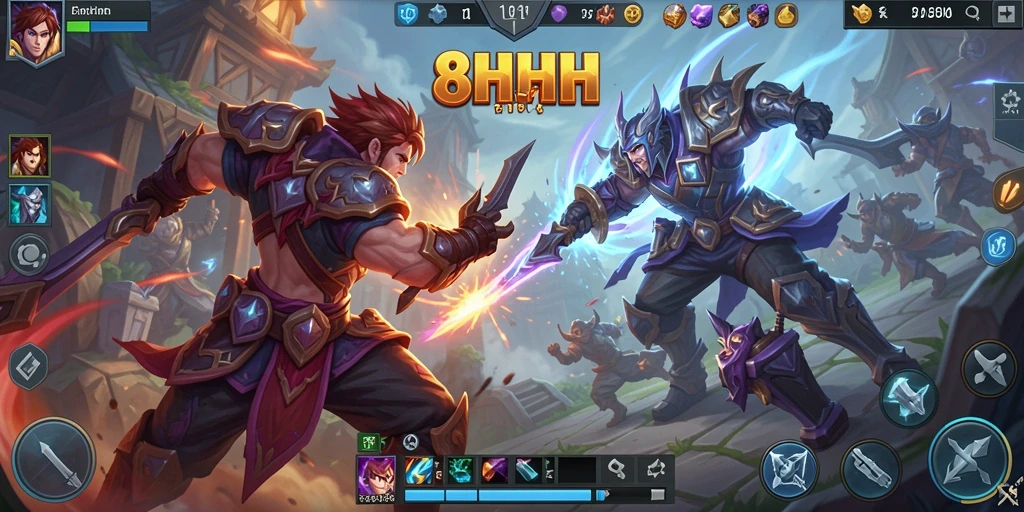 Tampilan screenshot utama 8HHH yang menampilkan aksi gameplay MOBA yang seru.