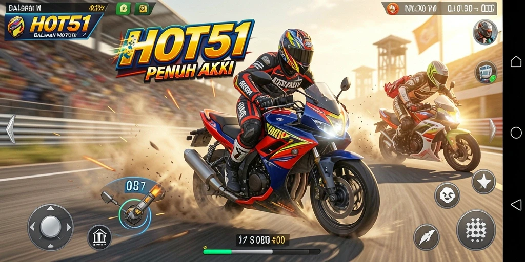 Screenshot HOT51 menampilkan aksi balapan motor yang menegangkan.