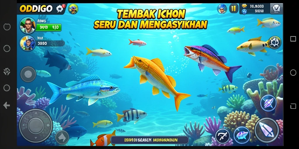 Screenshot gameplay ODDIGO dengan aksi menembak ikan yang dinamis.