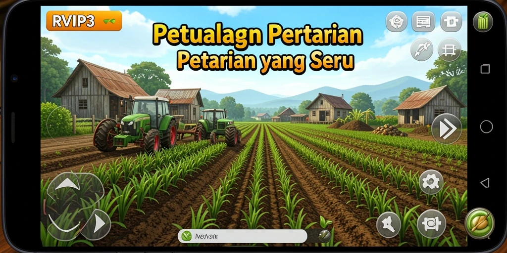 Tampilan gameplay RVIP3 yang menampilkan kebun yang subur dan hewan ternak.