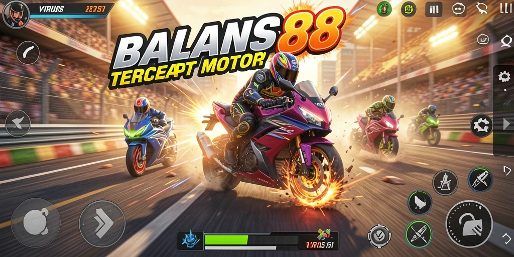 Screenshot utama VIRUS88 menampilkan aksi balapan motor yang mendebarkan.